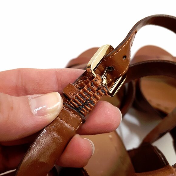 TAHARI Platform Heel Sandals with Cross Strap in Brown Tan Faux Leather - Picture 9 of 13